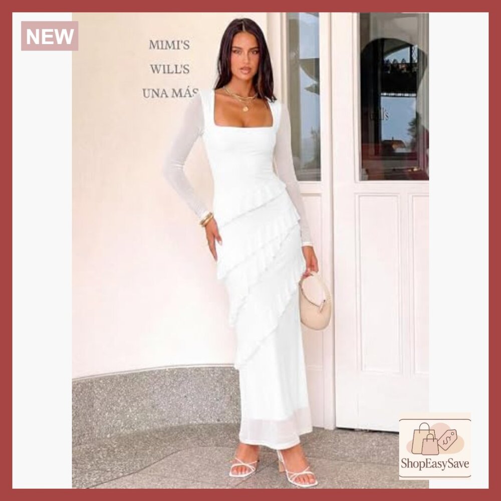Sexy Ruched Bodycon Long Sleeve Square Neck Ruffle Maxi Dress Elegant Party Wear - Picture 6 of 6